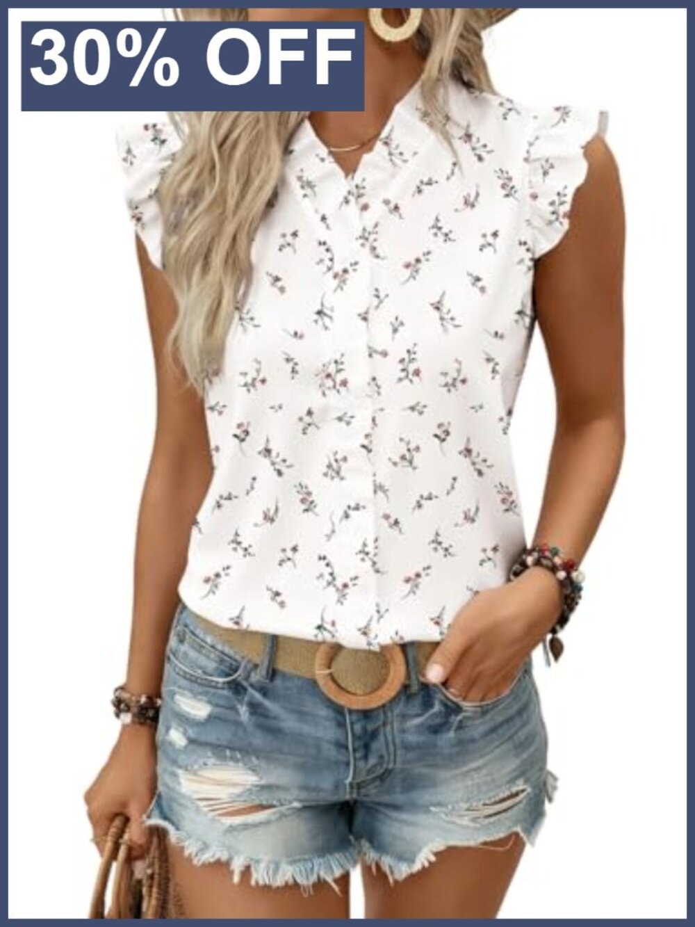 Astylish Womens Floral Chiffon Blouse Ruffle Sleeve V Neck Tank Top